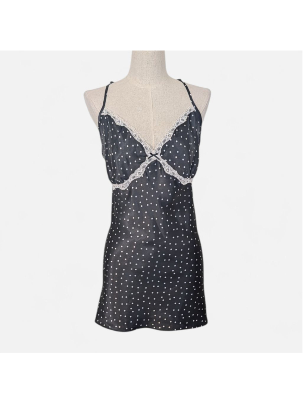 Black Polka Dot Slip Dress Lace Trim XL Nightiecore Y2K Lingerie Style Satin